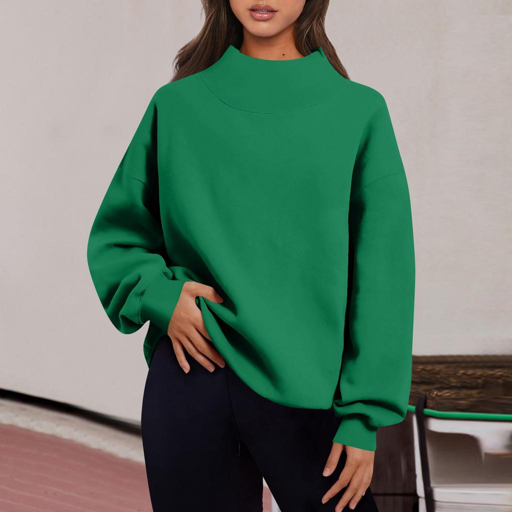Women's Fashion Solid Color Long Sleeve Loose Slit Half Turtleneck Pullover Sweatshirt Top