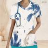 Top de uniforme de enfermera para mujer de talla grande con estampado abstracto de hojas, cuello en V, manga corta, bolsillos frontales