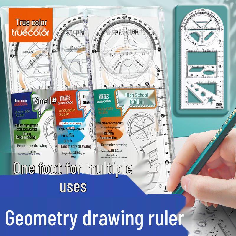 True Color Multi-functional Student Ruler Set: Geometric Triangle & Protractor Middle School Edition