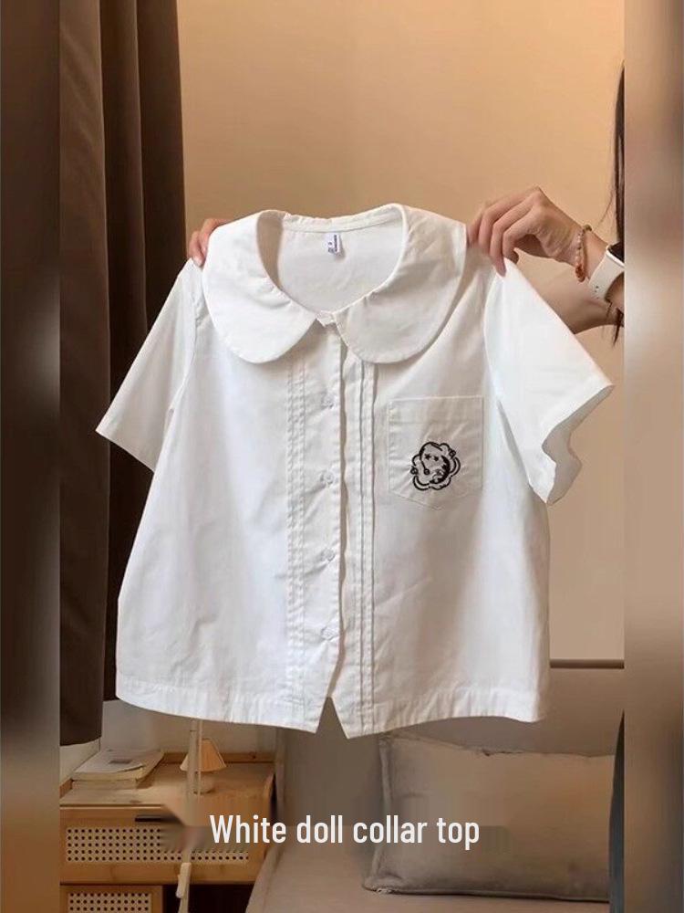 Women's Chic French Style White Doll Collar Short-Sleeve Shirt – Age-Reducing, Loose, and Stylish Top for Summer