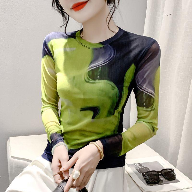 Long-sleeved Women Autumn Clothing Mesh Tops Printed Color Matching T-shirt Fashionable Autumn Clothing Bottoming Shirt