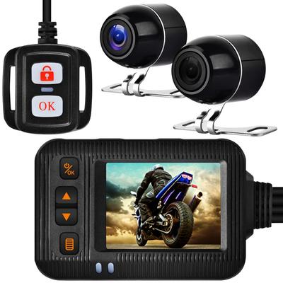 Motorcycle Dashcam Front and Rear Cameras LCD Simultaneous of Front and Rear USB Power microSD Image Waterproof Loop Wired Remote Control Included