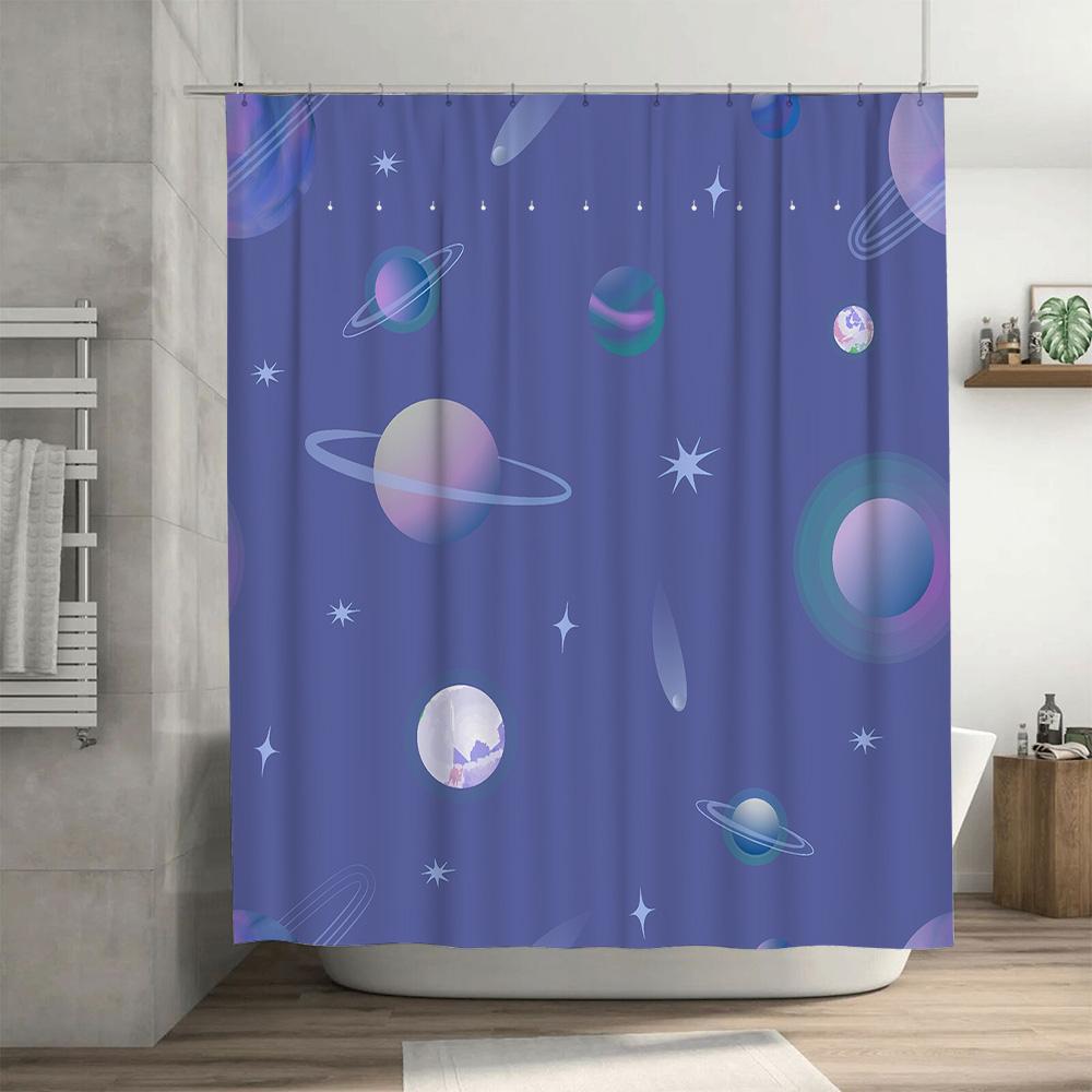 Space-themed Shower Curtain with Rings and Planets Lavender Color for Bathroom Decoration