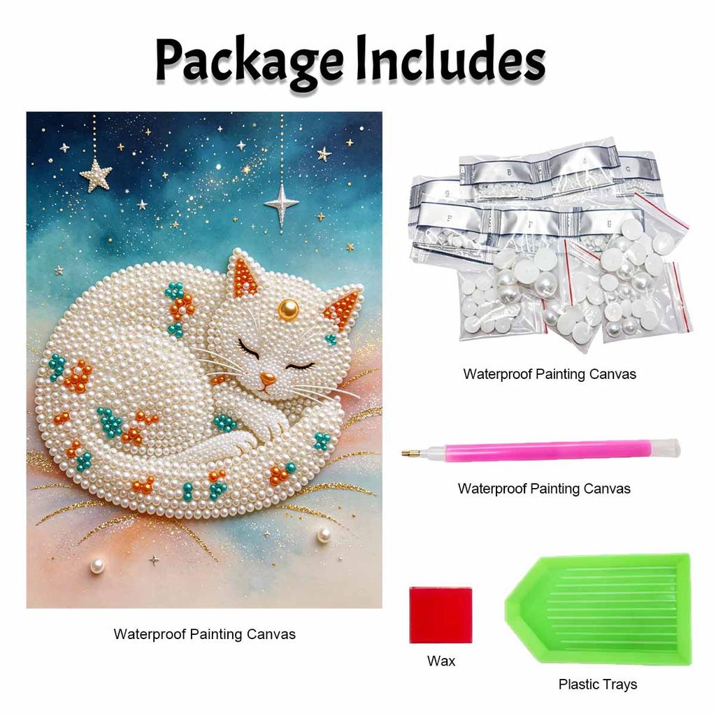 Pearl Painting DIY Kit Frameless Sleeping Cat Canvas Shiny Bead Art Creative Craft for Bedroom Living Room Decor