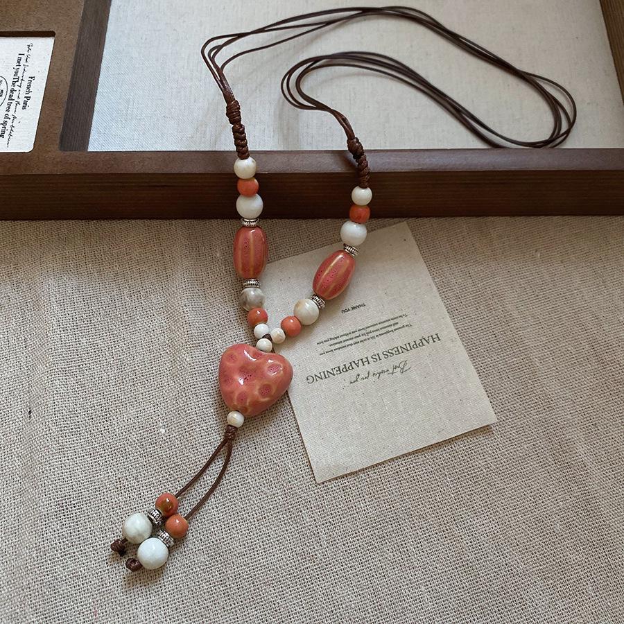 Vintage Bohemian Ethnic Ceramic Bead Pendant Necklace