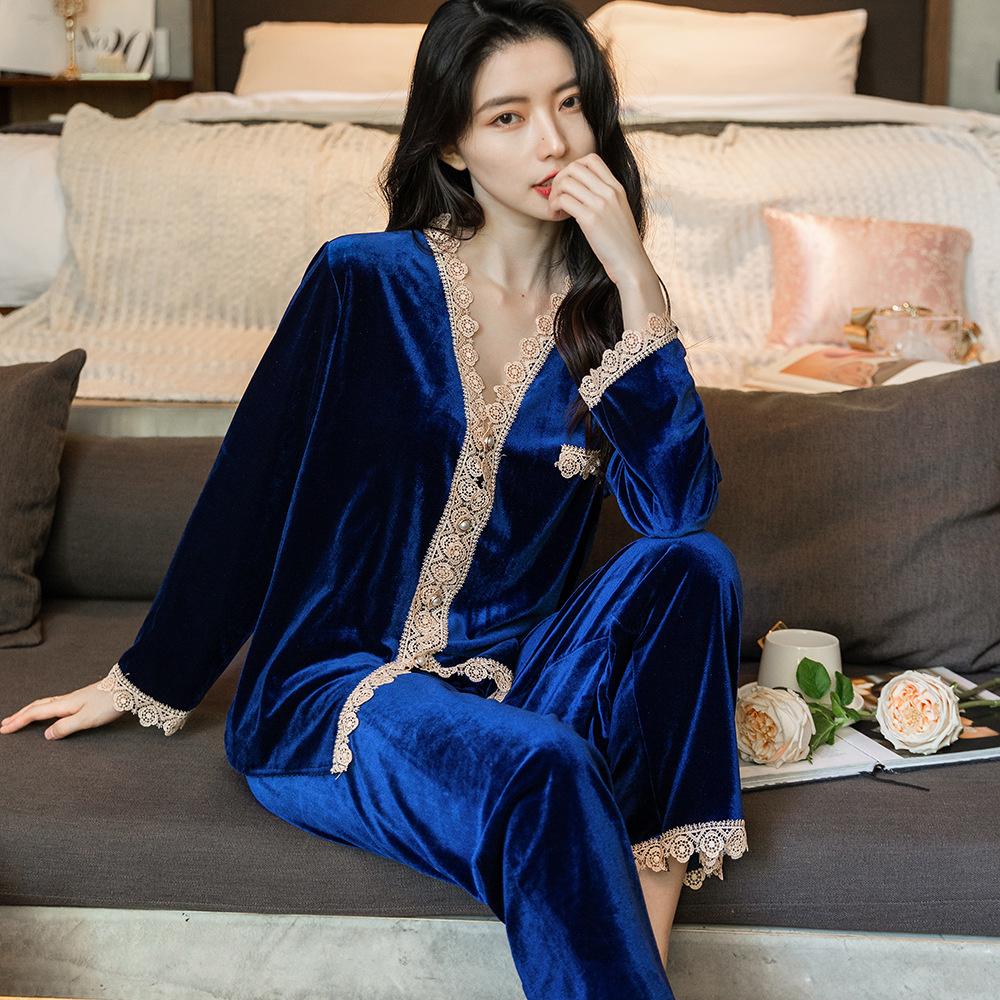 Gold Velvet Pajamas for Women Autumn and Winter Long-sleeved Trousers Cardigan Sexy Lace Suit Home Wear Can Be Worn