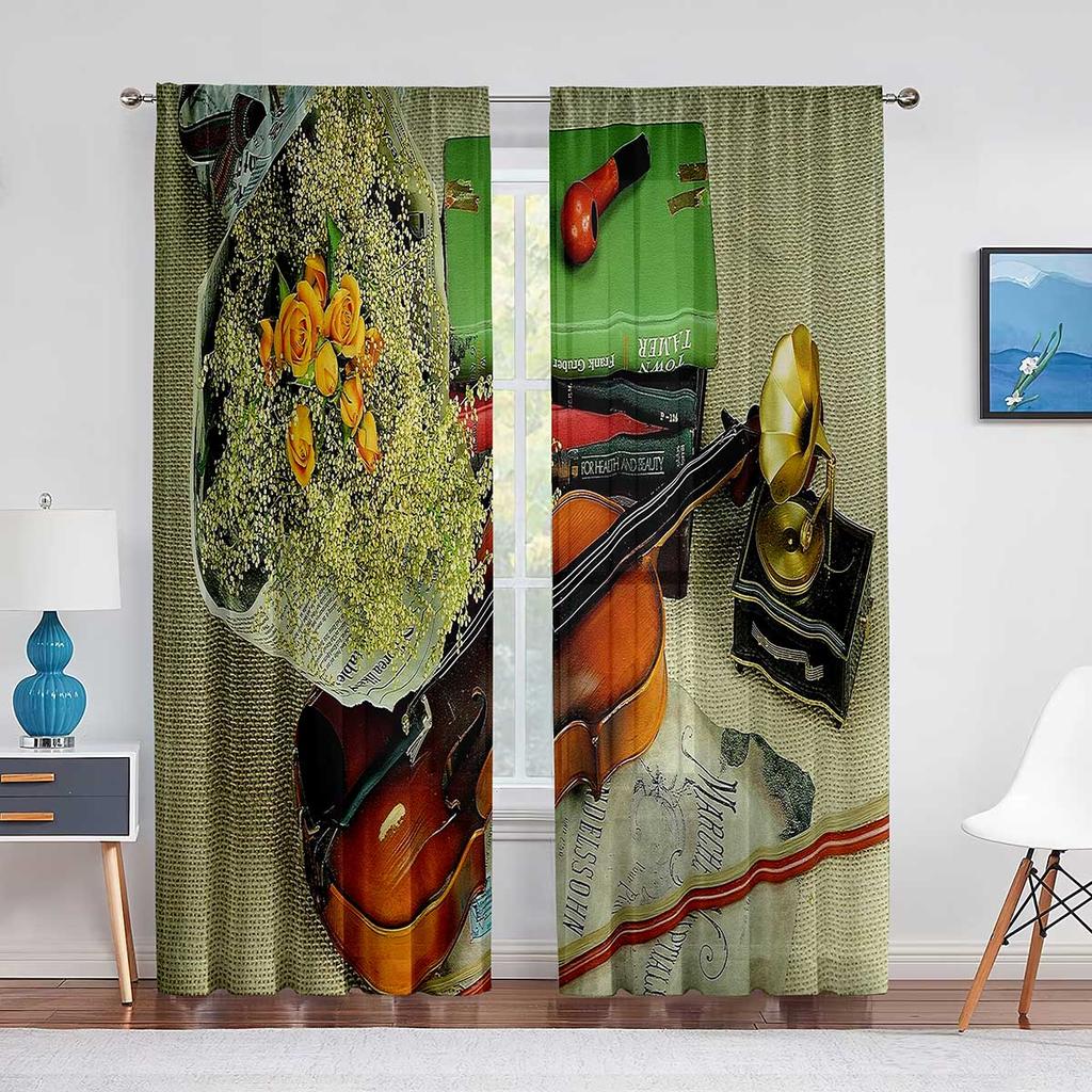 Röd Ros Blommig Kaffe Violin Skir Voile Gardin för Vardagsrum för Fönsterpersienner Sovrum Draperi Kök Hall Tyllgardiner