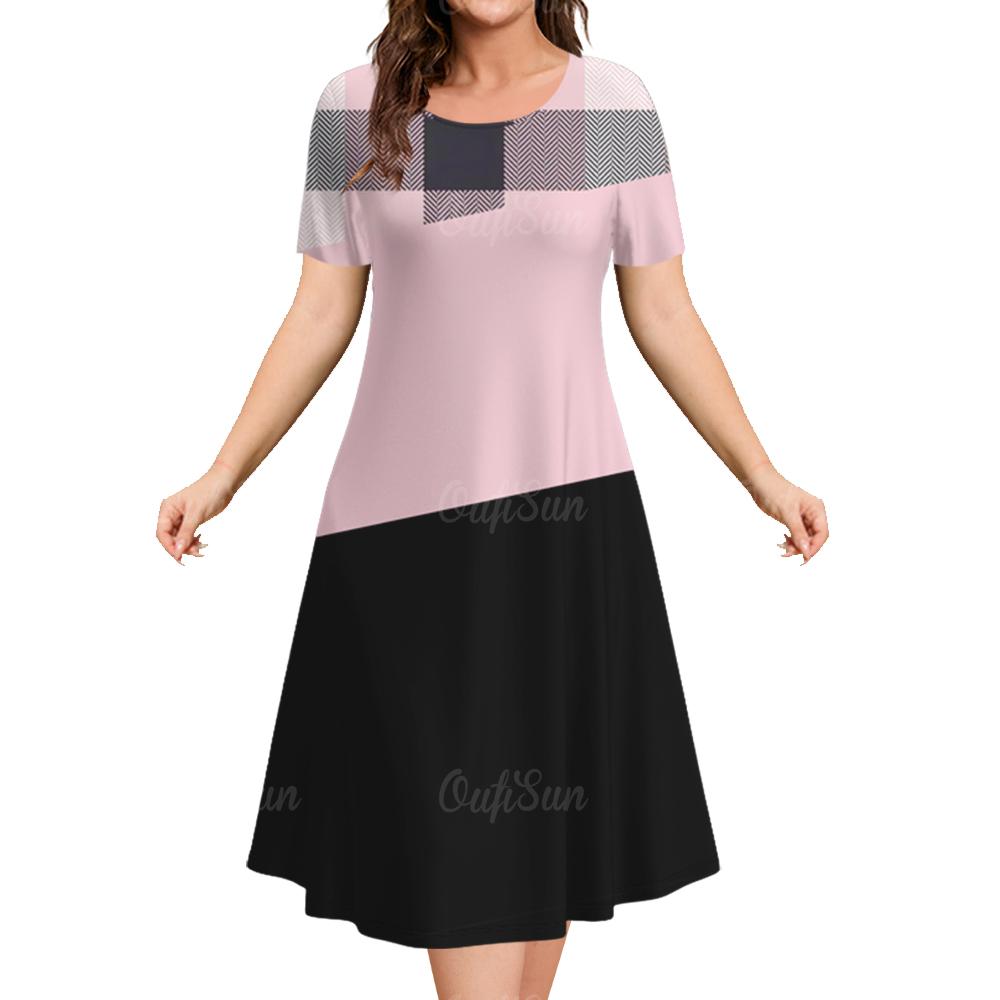 Damen Sommerkleider Vintage Bedruckt Mode Kurzarm Rundhals Kleider
