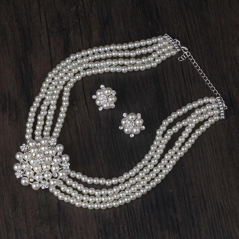 High End and Atmospheric Flower Necklace with A Pair of Earrings Set, 4-row Bead Necklace, Wedding Banquet, Evening Party, Engagement Jewelry