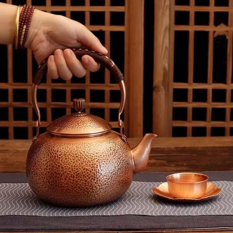 Handcrafted Vintage Large Size Copper Coffee Pot,Thickened Hammer Texture Weave Handle 1600 Ml Heat Resistant Filter Tea Kettle
