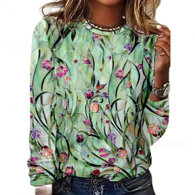 Popular Style Printed Long Sleeve T-shirt Floral Print Women's Clothing