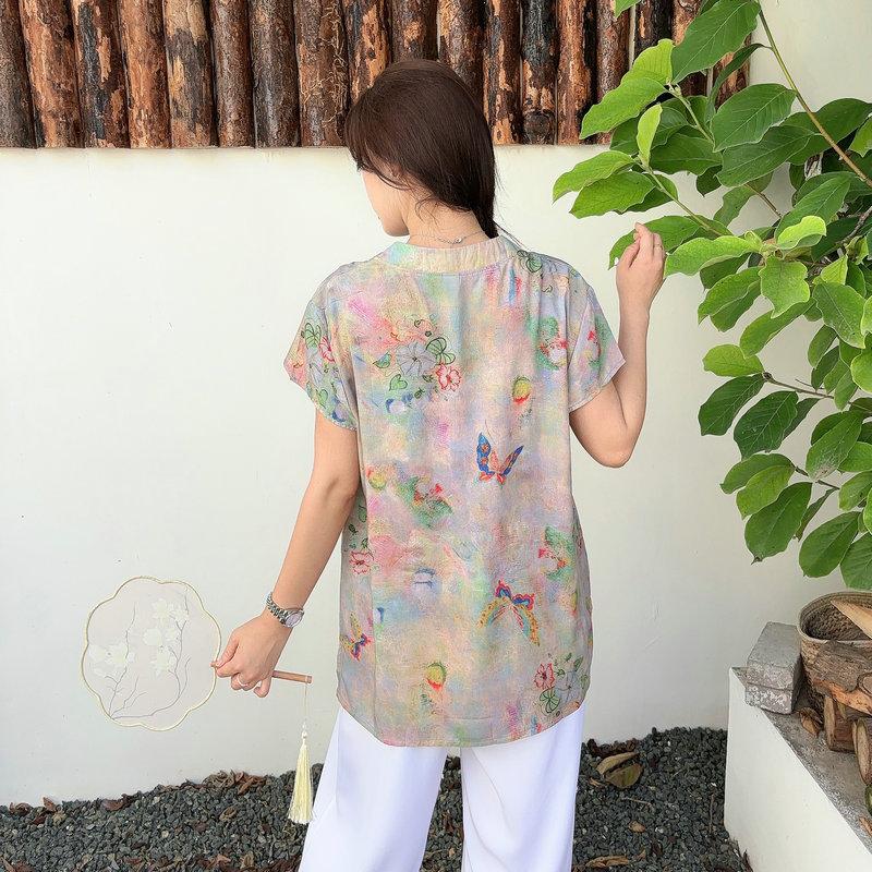 Summer Rayon Blend Cheongsam Short Sleeve Tshirts Frog Closure Tops Floral Print New Chinese Style Plus size Independent Design