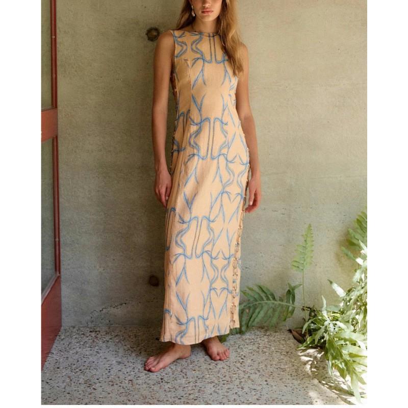Womens Cotton Linen Sleeveless Printed Maxi Dress With Metal Ring Detail High Waist Street Style Small оранжевый