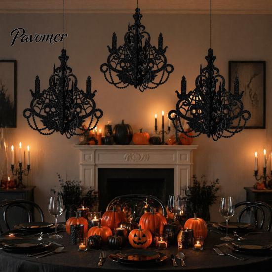 Halloween Party Supplies 3D Candlestick Chandelier Ceiling Ornament, Gothic Glitter Window Displays Hanging Decoration for Holiday Party, Ceiling,