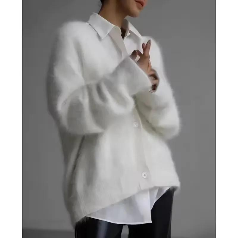 Autumn Winter Plush Women Cardigan Sweater Imitation Mink Fur Versatile Casual Knitwear Female V-neck Loose Ladies Knitted Top