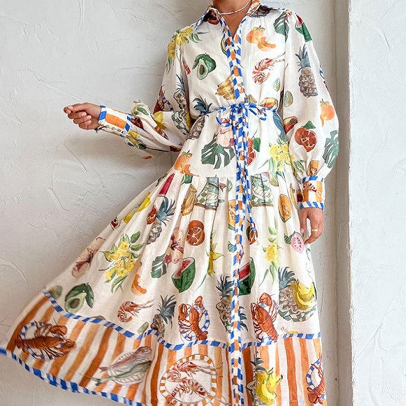 European and American women s clothing lantern sleeves printed lapel collar waist long sleeves big swing spring dress S