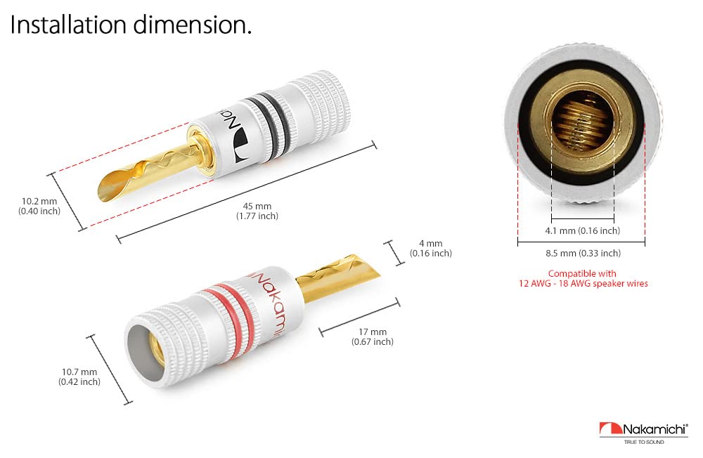 Nakamichi Excel Series 24K Gold Plated Banana Plugs 12 AWG 18 AWG Gauge Size 4mm Speaker Amplifier AV Stereo Home Theater Audio Wire Cable Screw