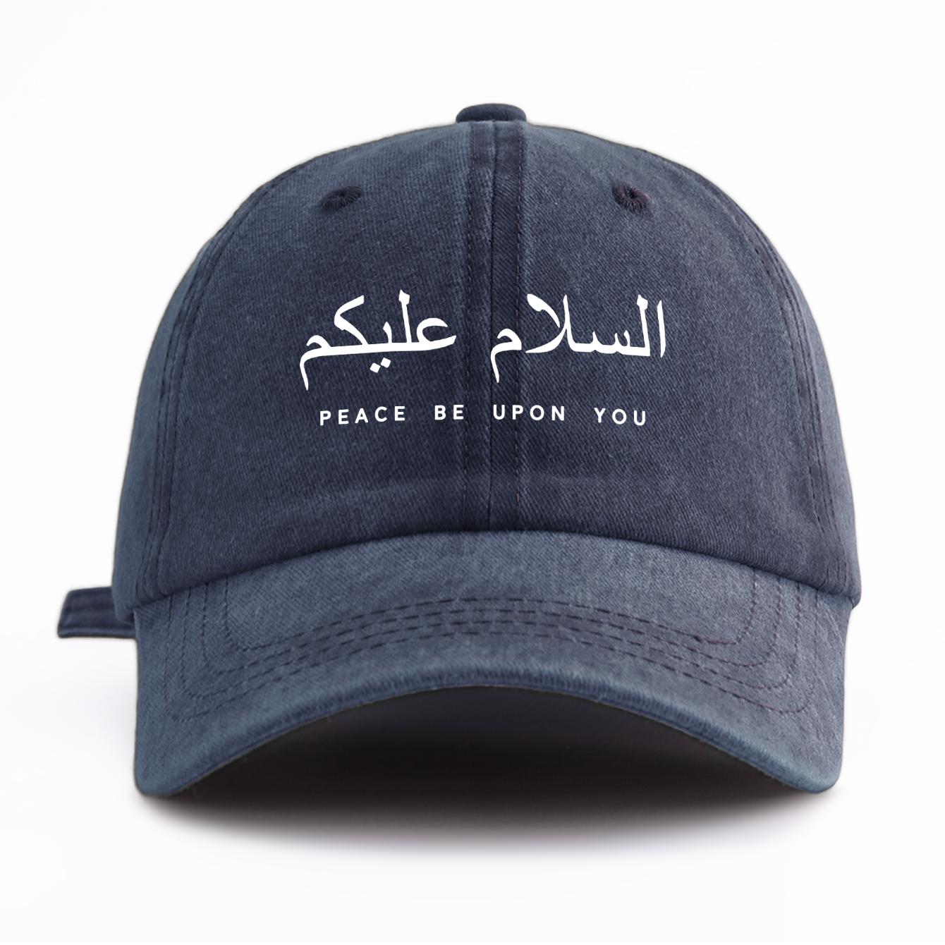 

1pc Peace be upon you Print Washed Baseball Cap for Adults,Minimalist Retro Style Casual Soft Adjustable Dad Hat,Perfect As Gift темно-синього кольору