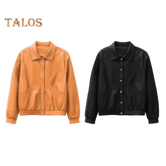 Women Jacket Faux Leather Smooth Surface Turn-down Collar Single-breasted Long Sleeves Pockets Retro Motorcycle Coat Office Commuting Travel Outerwear