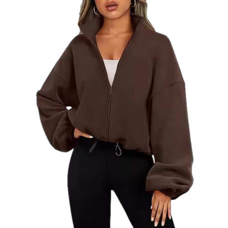 Women's Clothing European American Popular Polar Fleece Hoodies Sports Coat Stand Collar Plus Velvet Zipper Jacket Sweatshirts