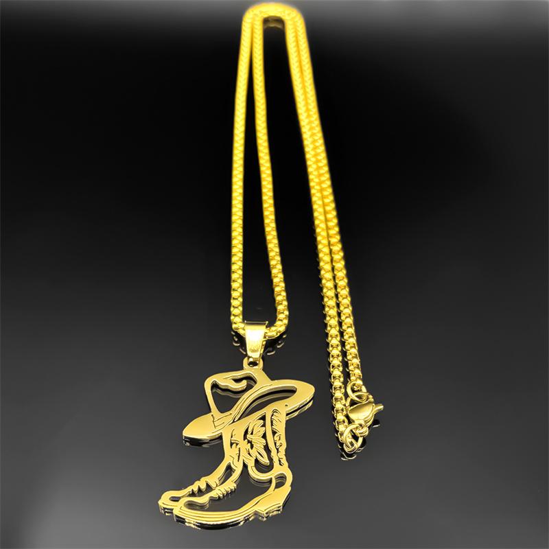 West Cowboy Hat Shoes Pendant Necklace For Women Men Stainless Steel Gold Silver Color Cowgirl Fashion Chain Jewelry Gifts
