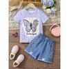 Girls Summer Cartoon Print Suit Without Pockets Fake Denim Shorts T-shirt Top Two-piece Set