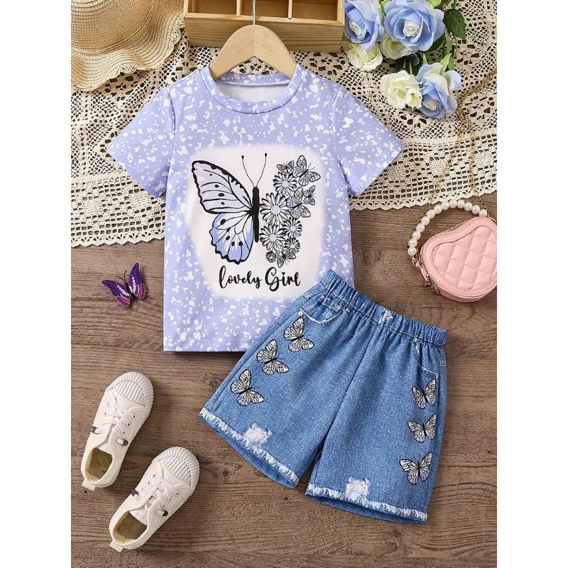 Girls Summer Cartoon Print Suit Without Pockets Fake Denim Shorts T-shirt Top Two-piece Set