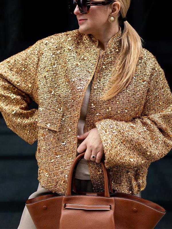 2025 European & American Spring Women's Stand Collar Sequin Jacket