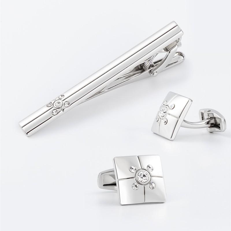 

Fashion Diamond Studded Tie Clip Cufflinks Set Men s Business Natural срібний