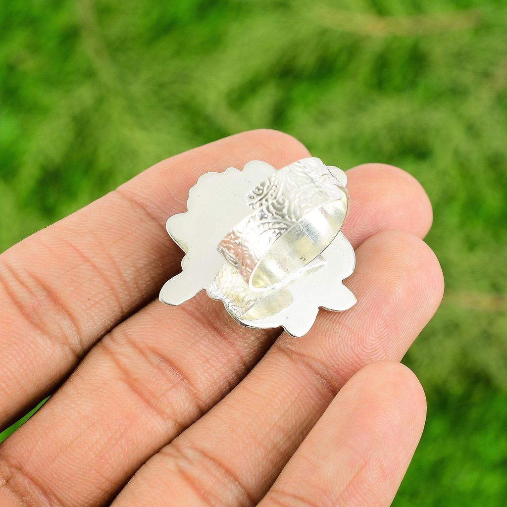 Gift For Women Stackable Flower Adjustable Ring 925 Silver Natural Larimar