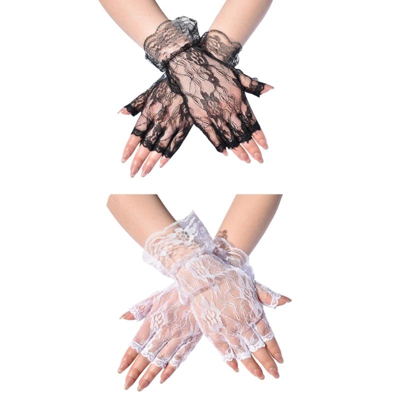 Breathable Half Finger Bridal Gloves with Lace Flower Pattern Wedding Ceremony Formal Occasion Handwear for Bride