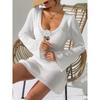 Women Sexy Deep V Hollow Out Long Flare Sleeve Crochet Flower Bodycon Mini Beach Cover Up Dress