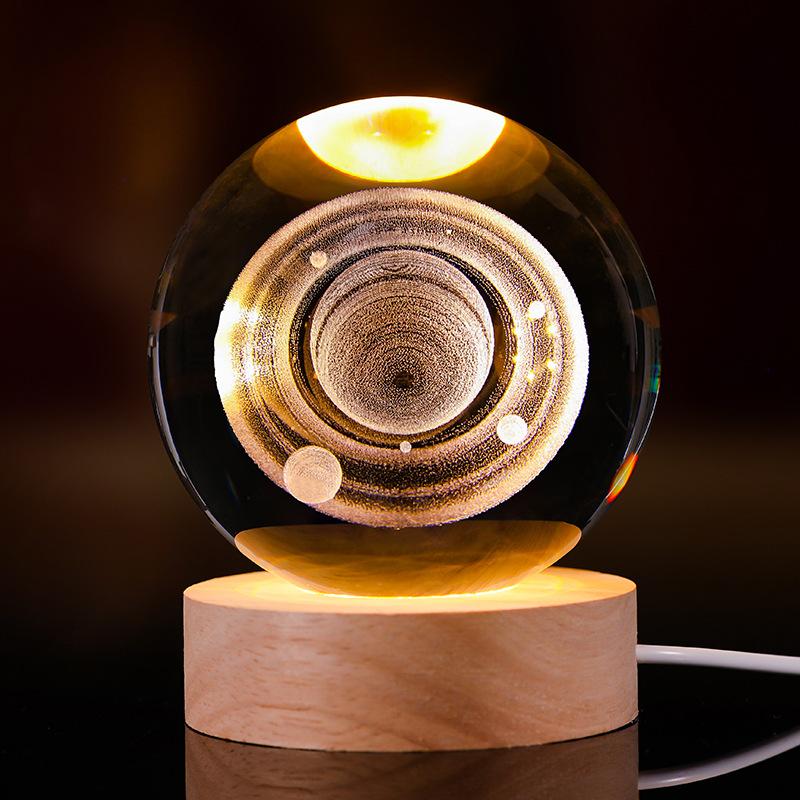 Crystal Ball Night Light 3D Carved Starry Sky Solid Wood Base Soft Bedside Lamp for Bedroom Decor Gift