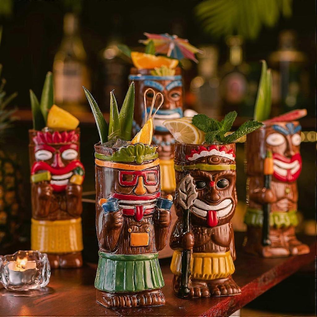 4 Set Exotic Cocktail Tiki Mugs for Tropical Party Bar, Colorful Ceramic Drinkware, 16 oz Capacity, Durable Design