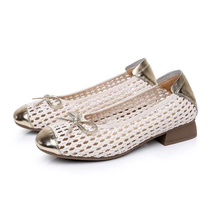 Fashion GKTINOO 2025 Summer New Genuine Leather Sandals For Women Hand-woven Hollow Low Heels Soft Sole Large Size Women's Shoes