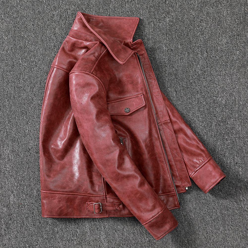Retro Top Layer Cowhide Leather New Genuine Leather Jacket Men's Motorcycle Suit Lapel Burgundy Leather Jacket