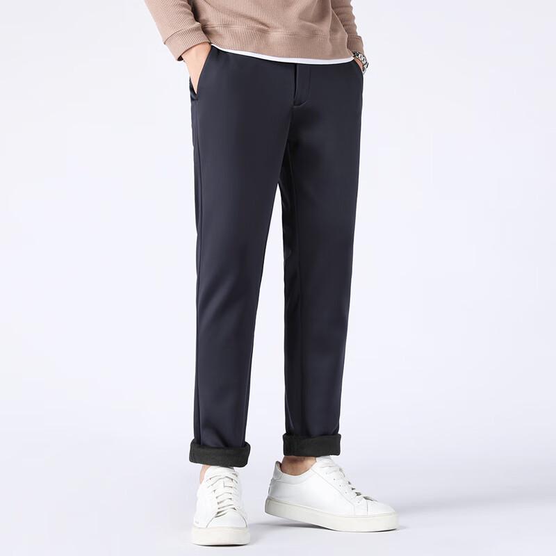 Fengxiao Men's Fleece-Lined Elastic Waist Straight Leg Business Casual Pants