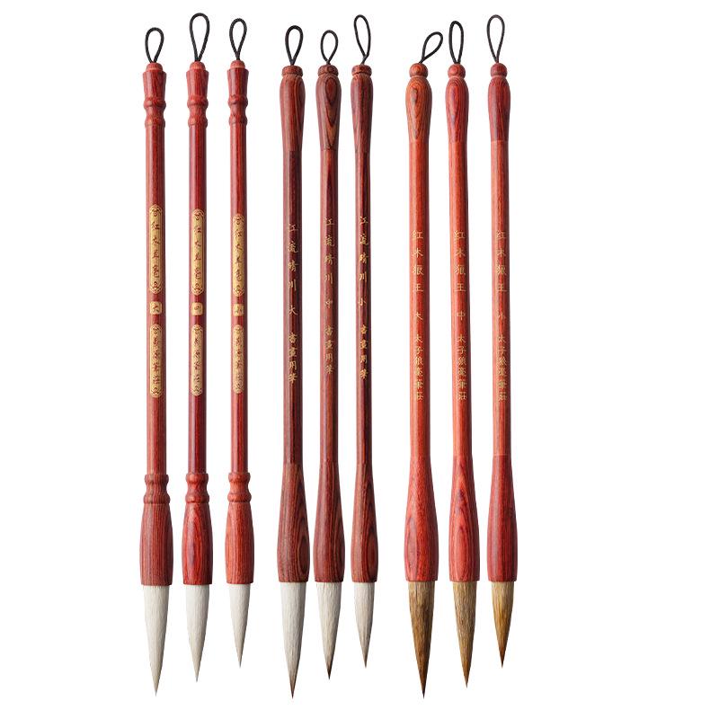 Rosewood Multi-Style Calligraphy Brush Set: Bristle, Wolf, Sheep Hair; Seal, Clerical, Running Script; Ou, Liu, Yan, Zhao Styles.