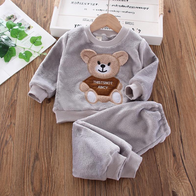 Set di vestiti per orsetti caldi per bambini, pigiama invernale per cartoni animati, 2 pezzi