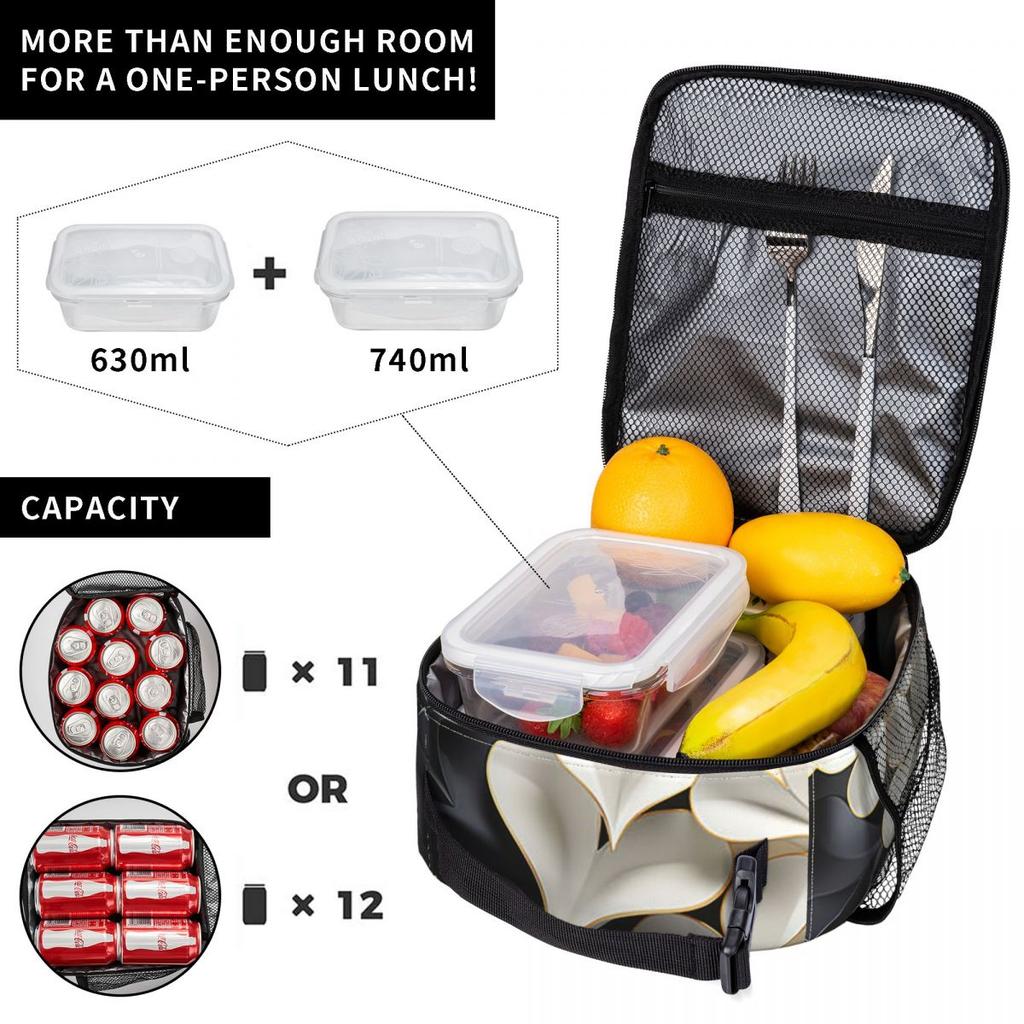 Black And White Flower Pattern Insulated Lunch Bag for Women Children Portable Food Boxes Thermal Lunch Box Tote