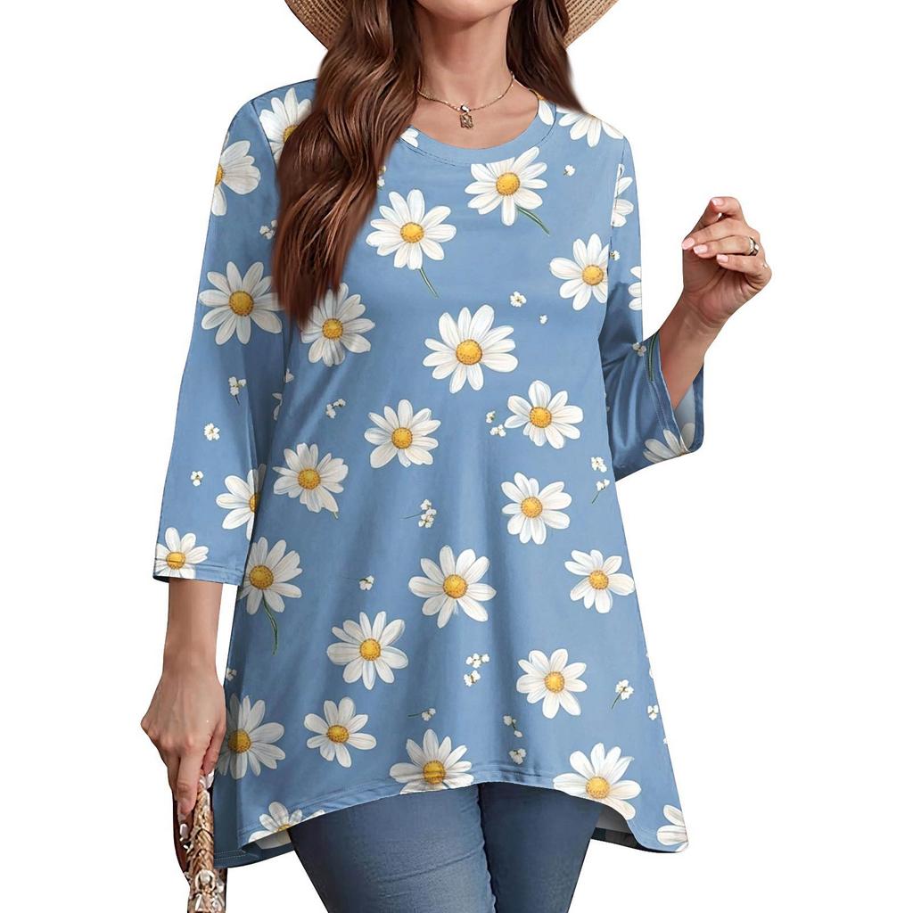 Women's Fashion Casual O-Neck 3/4 Sleeve Loose Printed T-Shirt Ladies Top