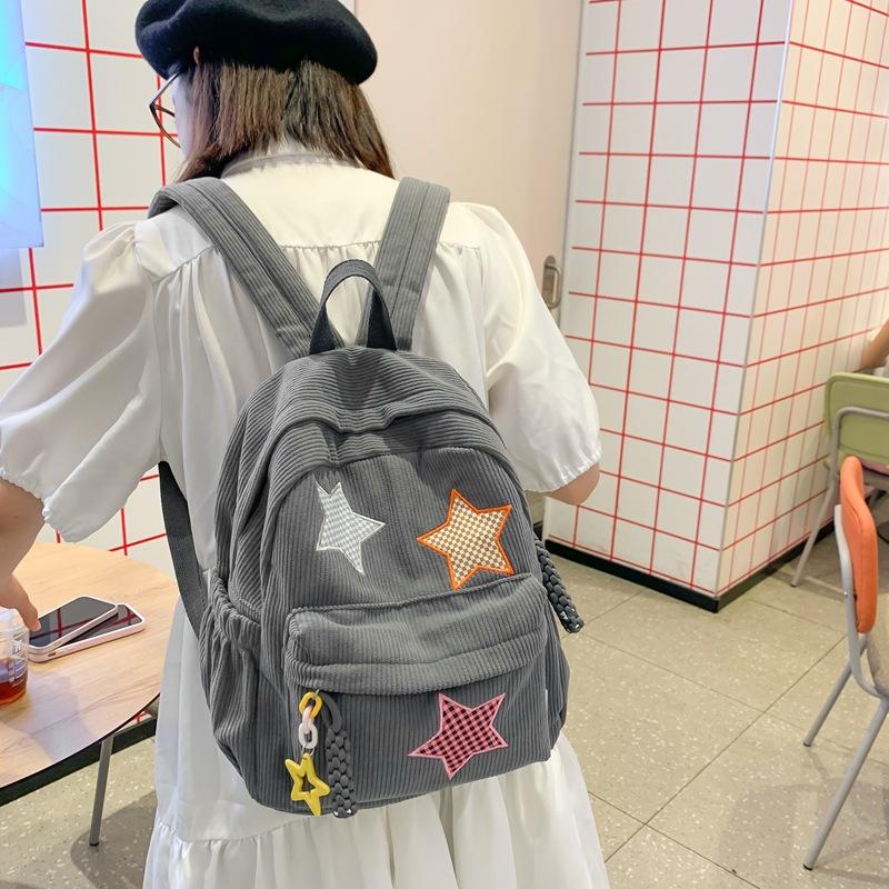 School bag Star Corduroy Shopping Small Backpack for Women, 1011 New High School Student Solid Color Double Shoulder Ins Versatile School Bag