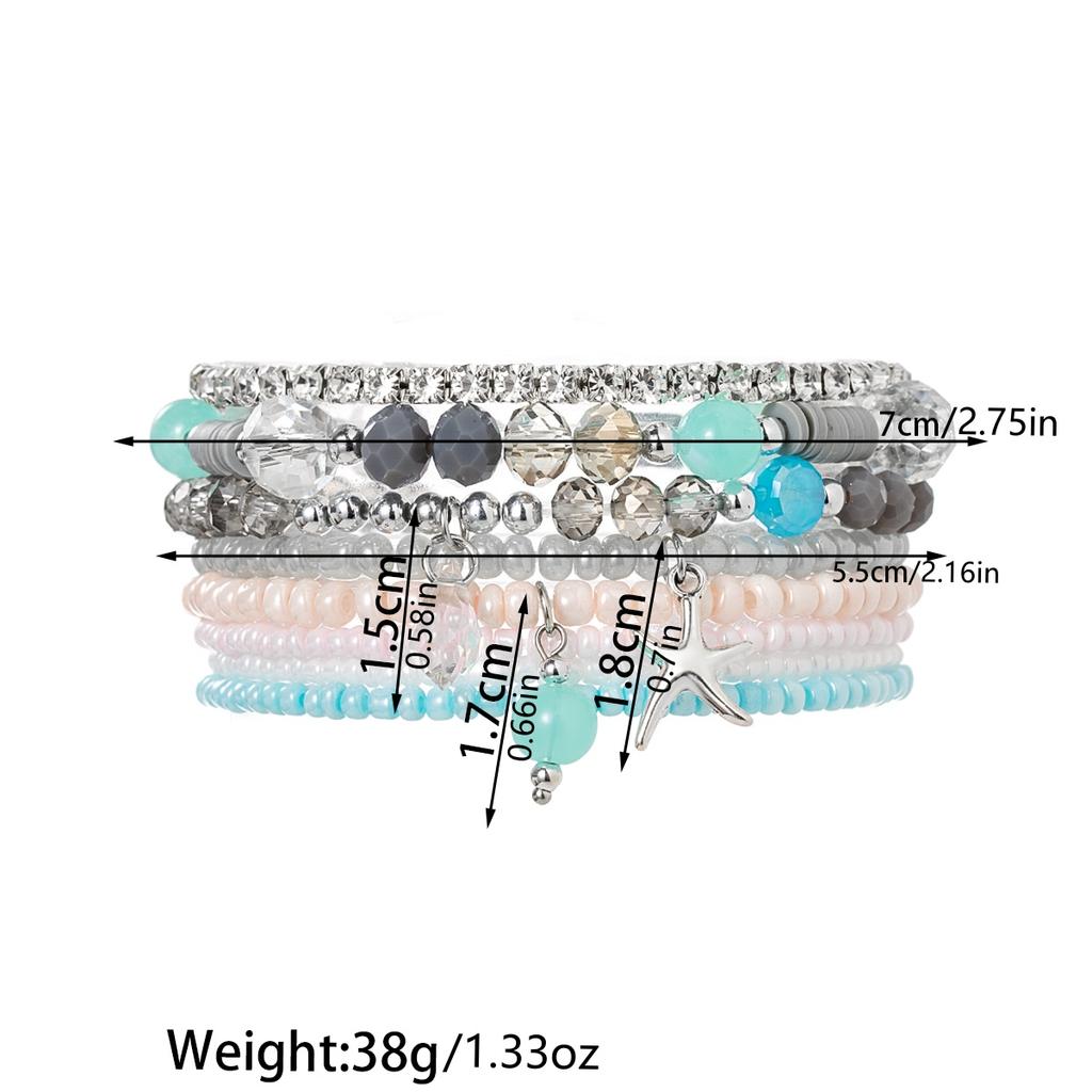 8 Pieces of Beach Style Mixed Color Rice Bead Starfish Pendant Bracelet, Multi-layer Layered Artificial Crystal Zircon Bracelet