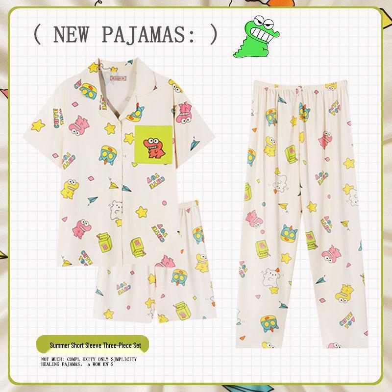 Pastoral Women's Pajama Set: Soft, Cute Rabbit Design, Short-Sleeve, Casual Three-Piece Loungewear.
