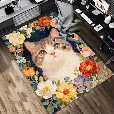 Cat Flowers Pattern Area Rug, Office Carpet Indoor Outdoor Entrance Doormat, Non-Slip Soft And Comfortable, Living Room, C122027