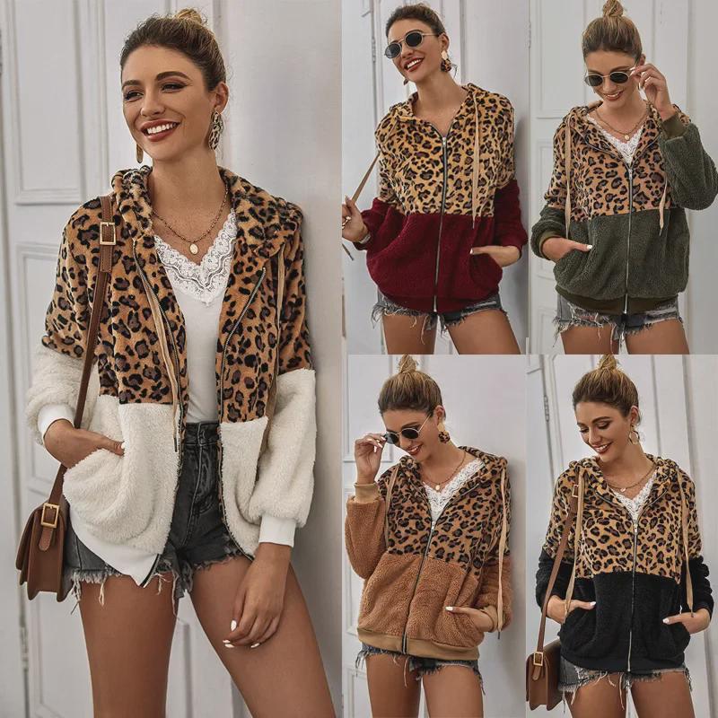 Damen Leopard Print Gespleißter Flauschiger Kapuzenpullover - Winter 2021 Kollektion