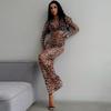 Summer Dress Women Leopard Print Mesh O Neck Long Sleeve Sexy See Through Maxi Fashion Outfits Beach Vacation Nightclub