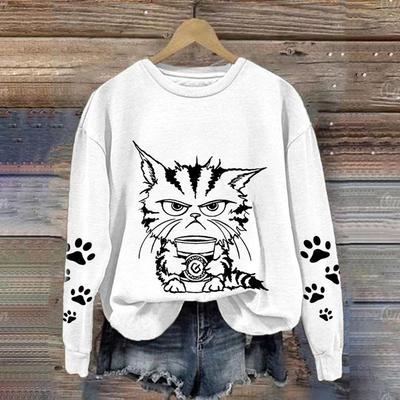 Fashion Women's Long Sleeve Casual O-Neck Cute Cat Top Sweatshirts Cat Print Clothes Animal Pullovers Kawaii Girl Clothing Tops