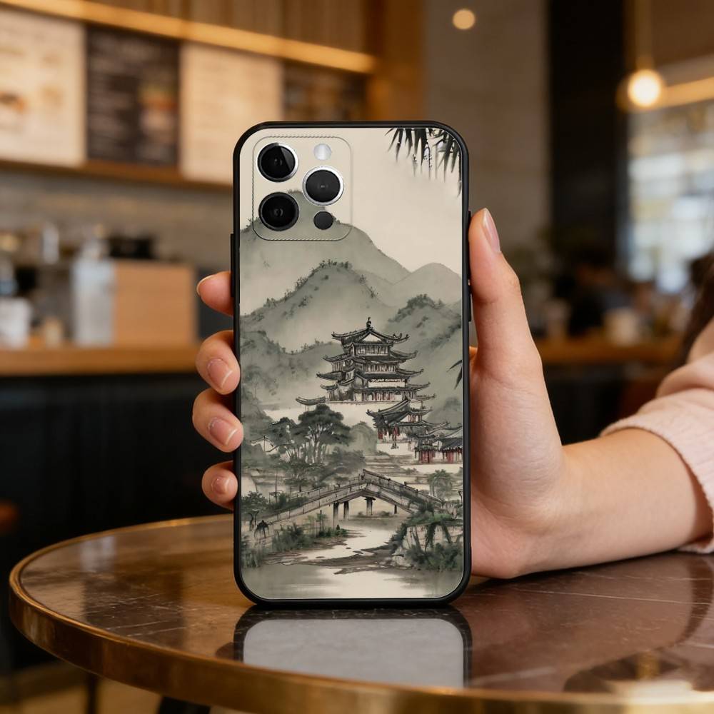 C-Chinese S-Style A-Art Soft Silicone Black Cover,Phone Case For iPhone 17,16,15,14,13,12,11 Plus,Pro Max,XS