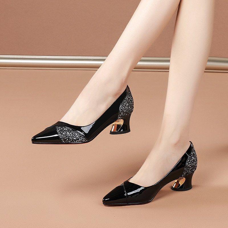 40-Year-old mother single shoes medium heel spring and summer thick heel pointed high heels leather shoes